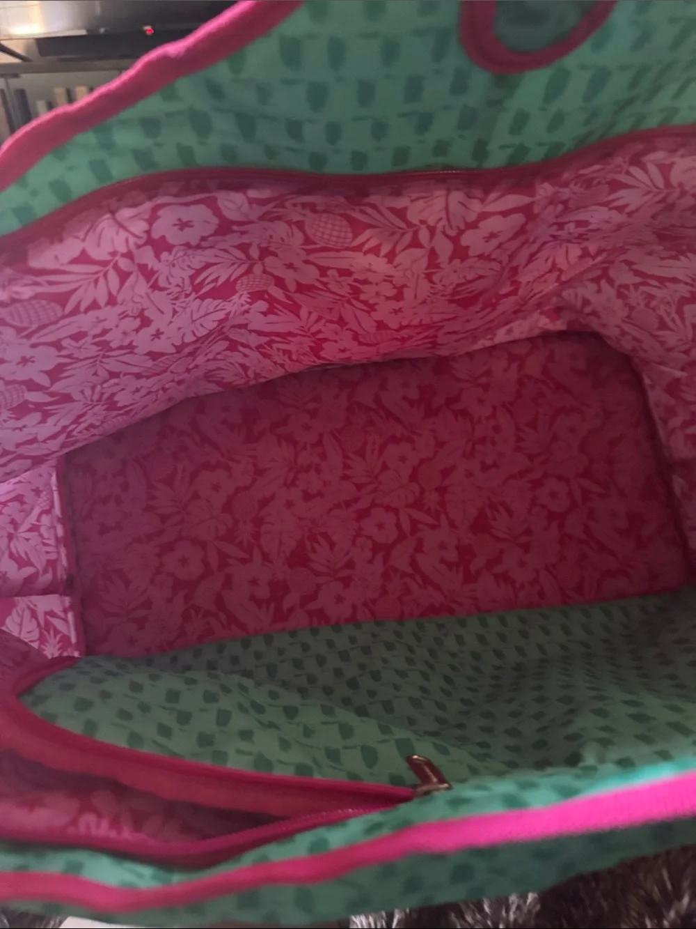 Tupperware Teal Cosmetic Tote with Pink Trim and Tropical Floral Print